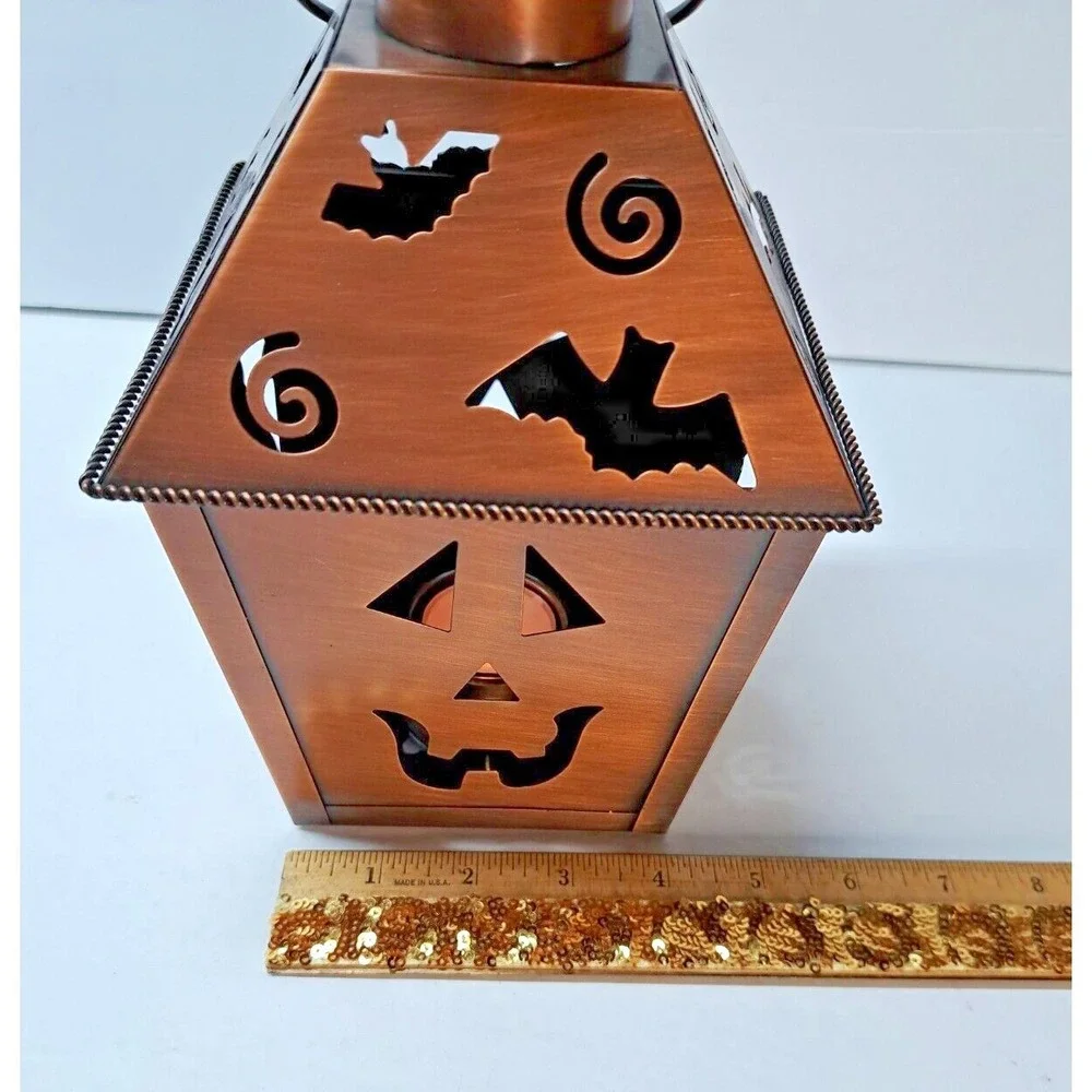 Halloween Metal Lantern Tealight Candle Holder Copper Bronze Tone Jack-O-Lantern
